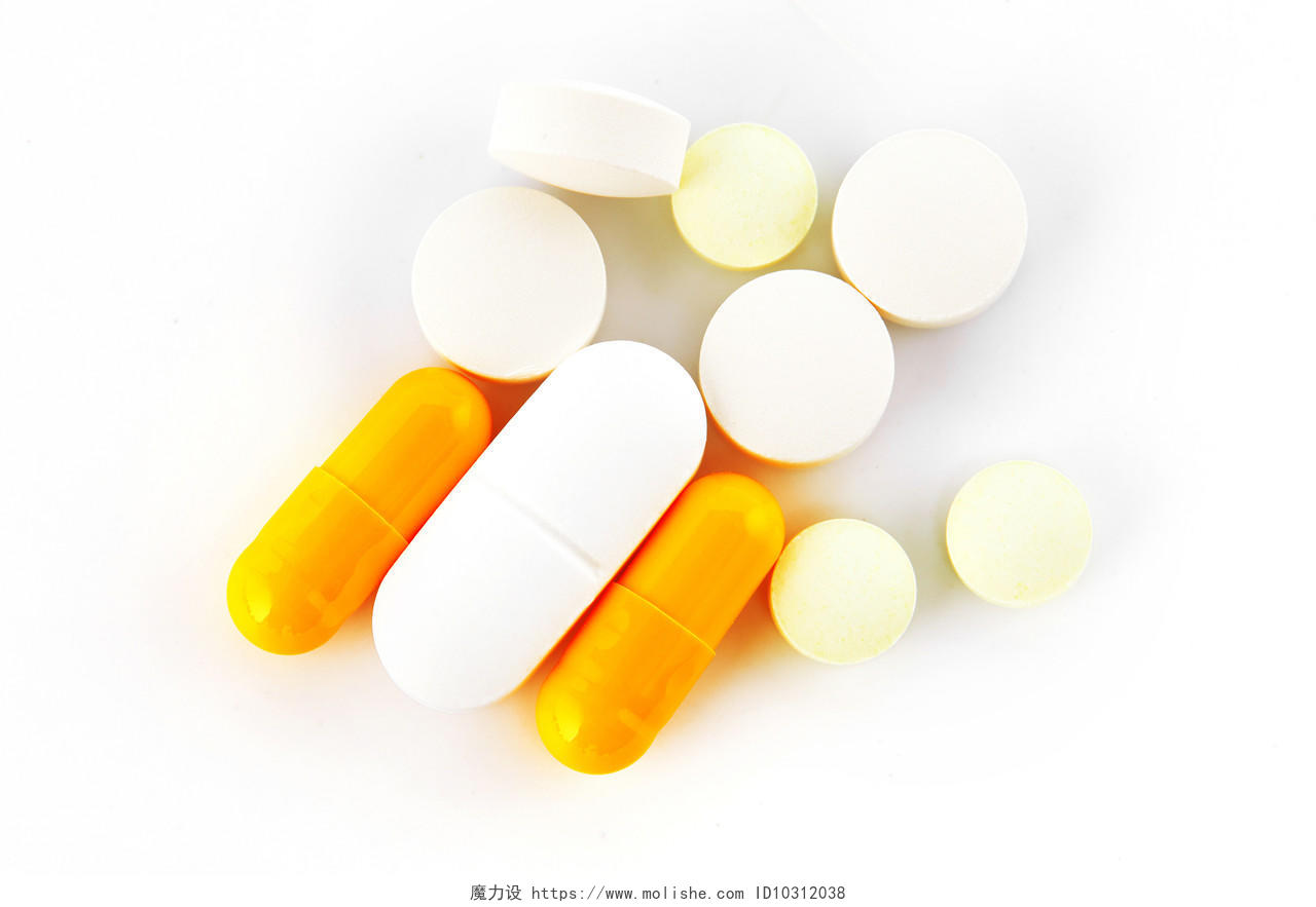 俯视图白底药品散落药片黄色胶囊白色药片医疗用品